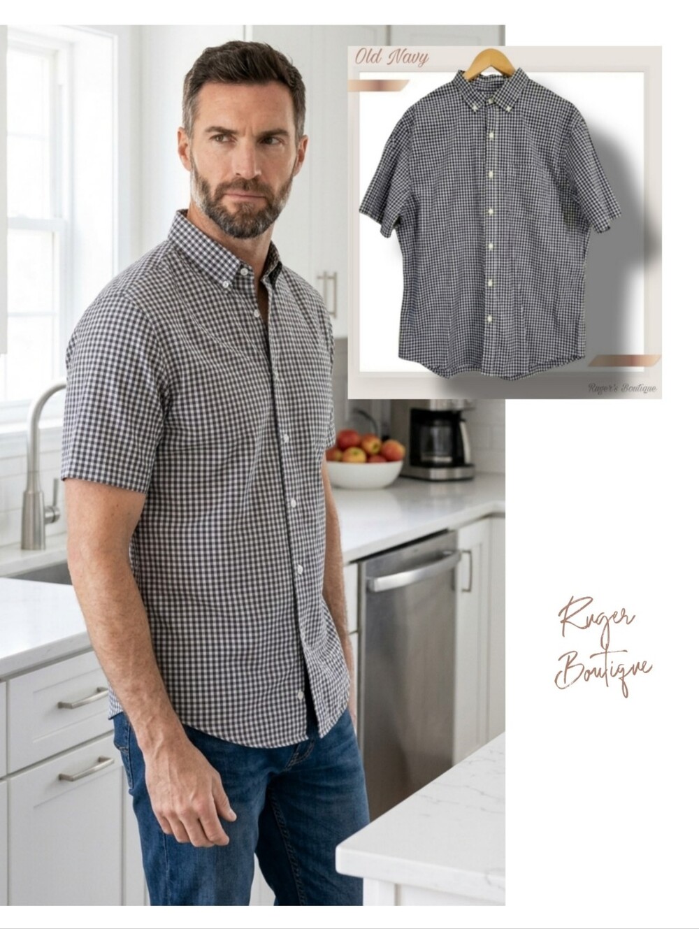 🌿Old Navy Men's Large Navy Blue & White Gingham Short Sleeve Button Down